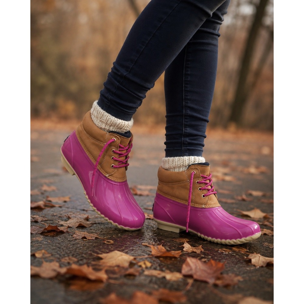 Tommy Hilfiger Duck Boots Size 8 Pink EUC Waterproof Ankle Lace Up Lug Sole